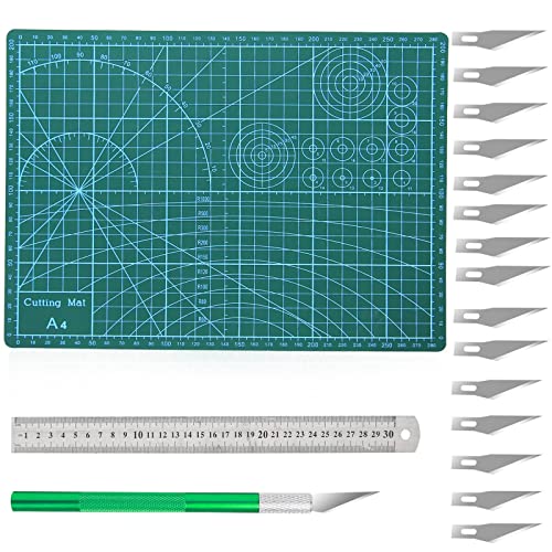 Schneidematte Set, Selbstheilende Bastelunterlage Mat mit Schnitzmesser, A4 Cutting Mat/16stk Bastelmesser und Stahllineal Grün/für Handrückenbretter, Mauspads, Schreiben von CHENYU