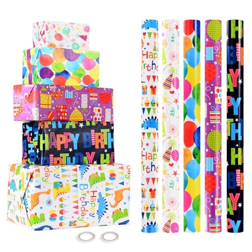 CHEPULA Geschenkpapier Geburtstag Kinder 5 Rollen, 43 cm x 300 cm Geschenkpapierrollen Junge, Recycelbar Geschenk Papier Erwachsene, Birthday Gift Wrapping Paper für alle Geburtstagsanlässe von CHEPULA