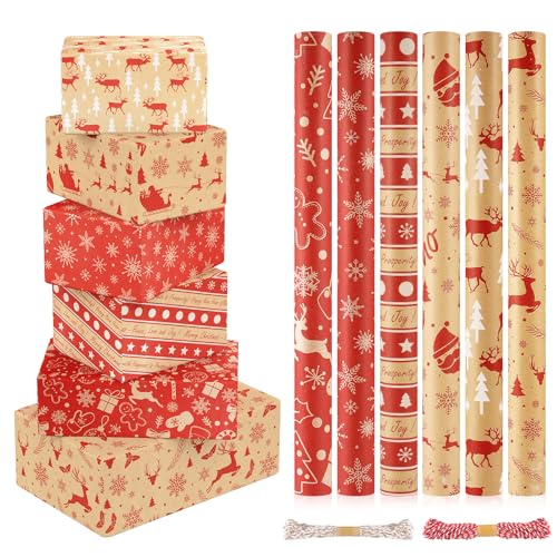 CHEPULA Geschenkpapier Weihnachten 6 Rollen, 300cm x 43cm Weihnachtspapier Recycelbares, Nature Kraftpapier Weihnachtsgeschenkpapier, Weihnachts Geschenkpapier Kinder Geschenkverpackung für Geschenk von CHEPULA