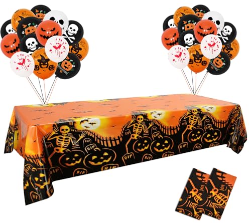 CHEPULA Halloween Tischdecke, 2pcs Tischdecken Einweg and 30pcs Halloween Luftballon, Halloween Party Deko, Schwarz Weiß Orange Luftballons für Garten Haus Esstisch von CHEPULA