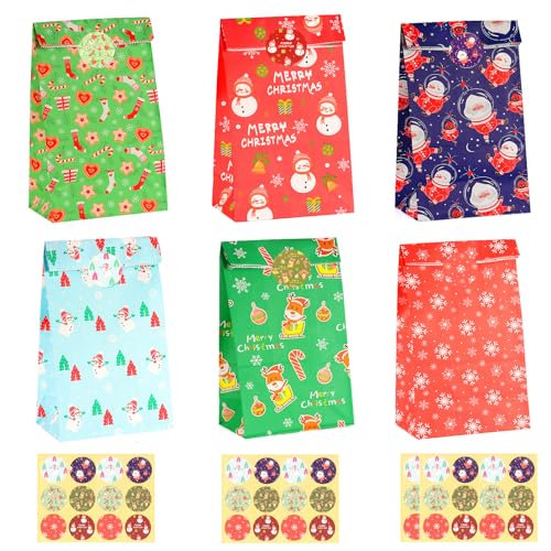 CHEPULA Papiertüten Weihnachten, 48 Stück Klein Bunt Weihnachtstüten, Kraft Papier Weihnachts Geschenktüten mit 48 Aufkleber, Kinder Weihnachtsgeschenktüten Geschenk Tüten für Xmas Süßigkeiten Party von CHEPULA