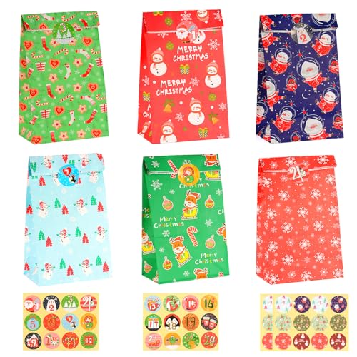 CHEPULA Papiertüten Weihnachten, Adventskalender Zum Befüllen, 24 Stück Klein Weihnachtstüten, Weihnachts Geschenktüten, Adventstüten zum Befüllen, Bunt Papier Geschenk Tüten zum Befüllen für Kinder von CHEPULA