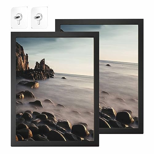 CHEVVY 30x40CM Bilderrahmen Frame Schwarz 2er Set Holz mit 2Stk 6 * 6CM Selbstklebender Haken Modern Natur mit Acrylglas Portraitrahmen von CHEVVY