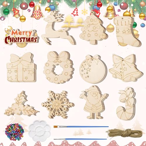 CHEVVY 60 Stk.Weihnachten Holzanhänger zum Bemalen DIY Weihnachtsdekoration Holz mit 60 Glocken 60 Schnur Holz basteln Kinder Weihnachten Set Weihnachtsdeko von CHEVVY