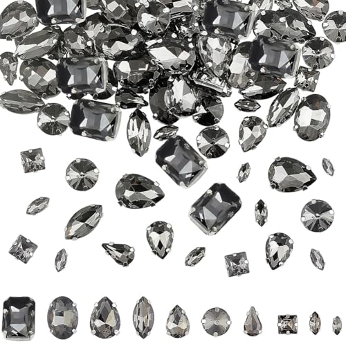 CHGCRAFT 100 Stück 10 Stil Strasssteine zum Aufnähen Glas Strasssteine Metall Back Prong Einstellung Nähen Klaue Strassstein für Kostüm, Kleidung, Kleidung, Kleid, Ohrring, Gürtel Schuhe Licht Schwarz von CHGCRAFT