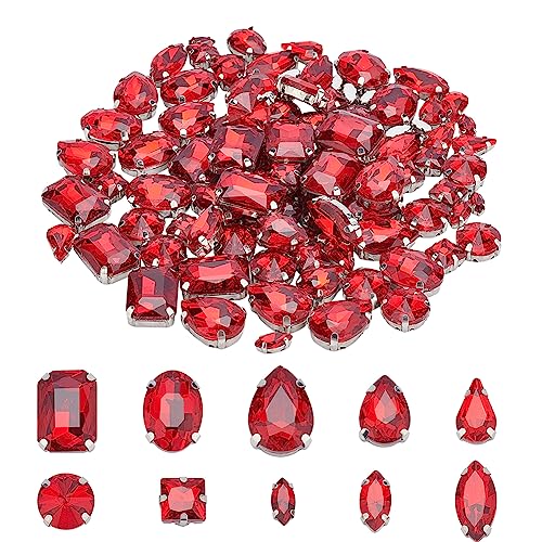 CHGCRAFT 100 Stück 10 Stil Strasssteine zum Aufnähen Glas Strasssteine Metall zurück Prong Anpassung Nähen Klaue Strass gemischte Formen für Kostüm, Kleidung, Kleidung, Kleid, Gürtel Schuhe, Rot von CHGCRAFT