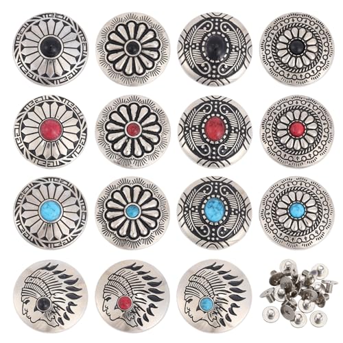 CHGCRAFT 15 Sets Türkisfarbene Schraube zurück Knopf Blume Indianer Kopf Dekorative Schnalle mit Schrauben Zurück Knöpfe Metall Schraube zurück Knopf Retro für DIY Handwerk Leder Handwerk Dekoration von CHGCRAFT