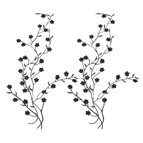 CHGCRAFT 2 Stück Blumenapplikation Schwarzer Langer Aufnäher Pflaumenblüte Zum Aufbügeln Gestickte Blumenapplikation Für Kleidungsstücke Vorhänge Kissen Deckenbesätze Schuhe Jeans Kleidungsdekoration von CHGCRAFT