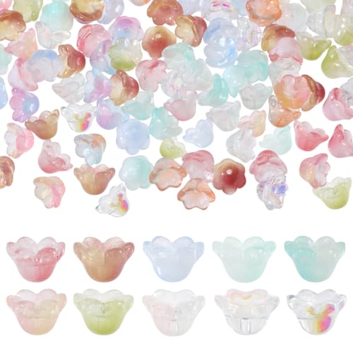 CHGCRAFT 200 Stück 10 Farben Glasglocke Blumenperlen Regenbogen Mix Tschechische Blume Perlen Glas Blume Charms Bulk für DIY-Schmuck Armbänder Halsketten Ohrringe machen, 8×12×11mm von CHGCRAFT