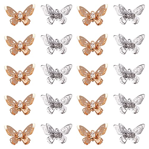 CHGCRAFT 20Pcs Filigran Schmetterling Charms Anhänger Mit Kristall Strass Messing 3D Schmetterling Perlen Charms Für DIY Armband Halskette Schmuck Findings Making, Platin-Und Gold von CHGCRAFT