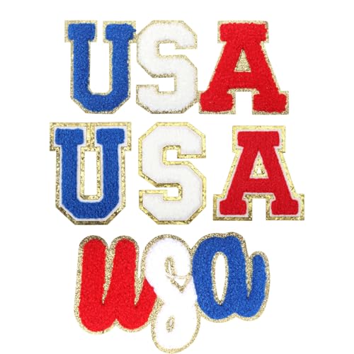 CHGCRAFT 3 Sets USA Buchstaben Patches Polyester Buchstaben mit Gold Glitzer Kanten Patches Aufbügler Buchstaben für Kleidung Jacken Taschen Hut Nähen Aufbügeln Patches für DIY Kostüm Dekoration von CHGCRAFT