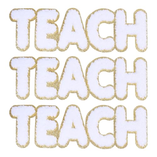 CHGCRAFT 3 Stück Teach Letter Patches Chenille Buchstaben mit Gold Glitzer Kanten Patches Aufbügler Buchstaben für Kleidung Jacken Taschen Hut Nähen Aufbügeln Patches für DIY Kostüm Dekoration von CHGCRAFT