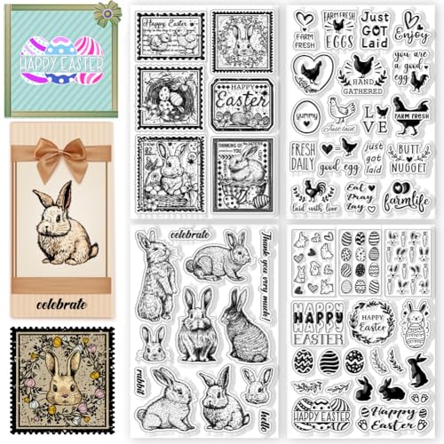 CHGCRAFT 4 Blätter Ostern klare Stempel Hase Kaninchen Huhn Eier Silikon transparente Stempel Segen Worte klare Stempel Siegel für Karten machen DIY Scrapbooking Foto Journal Album von CHGCRAFT