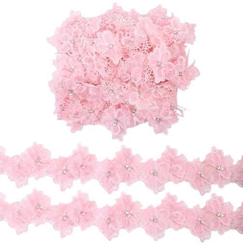 CHGCRAFT 4 Yards 3D Blume Spitze Trim Band Double Layer Polyester floralen Spitze Stoff Trim mit Strass für handgemachte DIY Zubehör Kleidungsstück Zubehör Vorhang Dekoration, rosa von CHGCRAFT