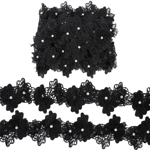 CHGCRAFT 4 Yards 3D Perlen Blume Spitze Trim Doppellagige Polyester Floral Appliques Spitzenband Blume Spitzenbesatz mit Strass für handgefertigte DIY Nähen Handwerk Supplies Dekoration, Schwarz von CHGCRAFT