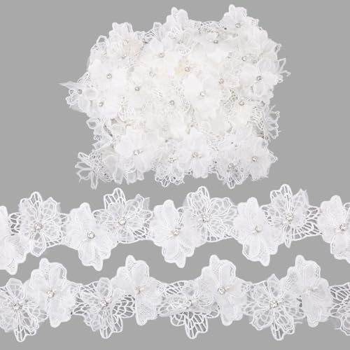 CHGCRAFT 4 Yards 3D Perlen Blume Spitze Trim bestickt Nähen Blume Trim Blumenapplikationen mit Strass für handgemachte DIY Zubehör Kleidungsstück Vorhang Dekoration, weiß von CHGCRAFT