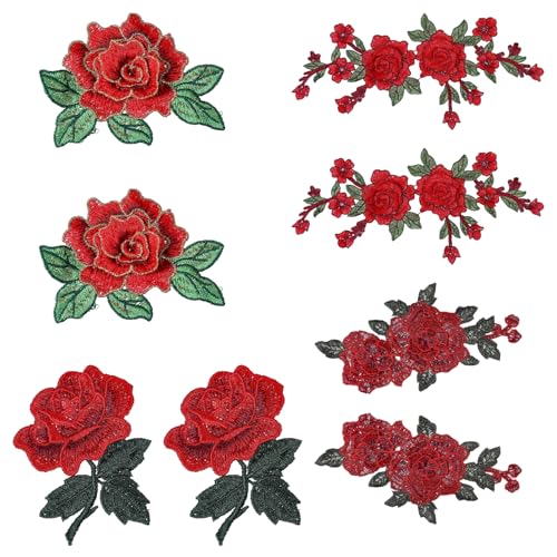 CHGCRAFT 8 Stück Rose Blume nähen Patches 4 Stil Rose Appliques Nähen Patches Rose Blume Patches für Kleidung Jacken Taschen Hut Nähen bestickt Rose Blume Patches für DIY Dekoration von CHGCRAFT