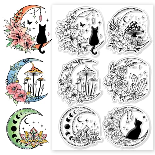 CHGCRAFT Blumen Mond Klare Stempel Schwarze Katze Silikonstempel Mondhintergrund Transparente Stempel Für Kartenherstellung DIY Scrapbooking Fotoalbum Dekoration 4.3x6.3 Zoll von CHGCRAFT