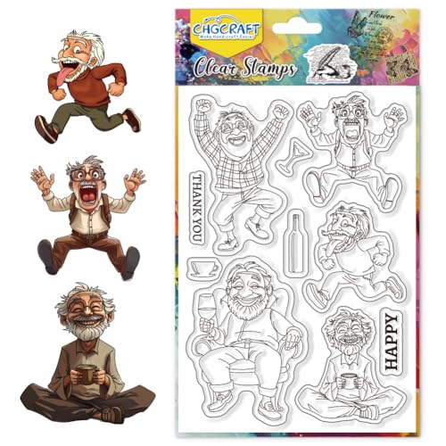 CHGCRAFT Cartoon Funny Old Man Clear Stamps Kaffee Transparent Stamps Silikon Clear Stamp Siegel für DIY Scrapbooking Fotoalbum Dekoration, 4.3x6.3 Zoll von CHGCRAFT