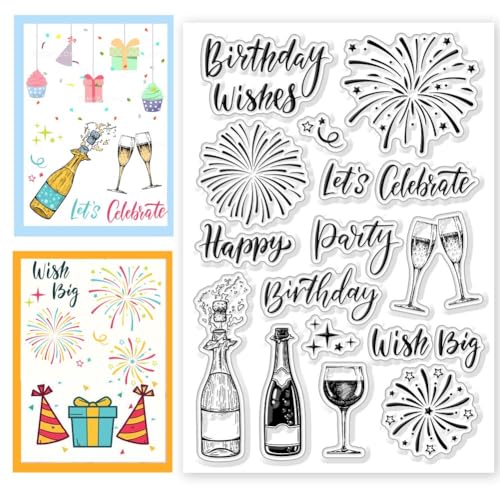 CHGCRAFT Feuerwerk Klare Stempel Wein Champagnerflasche Klare Stempel Happy Birthday Worte Hintergrund Silikon Transparente Siegelstempel Für DIY Scrapbooking Album Dekorativ von CHGCRAFT