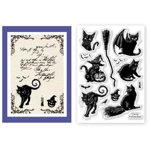 CHGCRAFT Halloween Stempel Mit Schwarzen Katzen Und Besen Schöner Katzenhintergrund Transparente Silikonsiegel Stempel Für Kartengestaltung Dekoration DIY Basteln 8.3x5.8(5) cm von CHGCRAFT