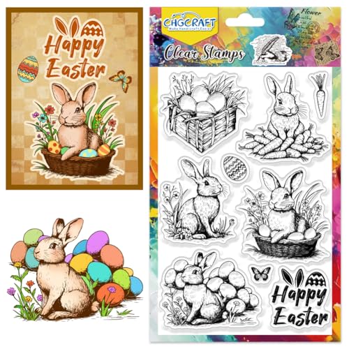 CHGCRAFT Hapy Ostern Clear Stamps Vintage Realistische Hasen Transparente Briefmarken Ostereier Silikonstempel Siegel für DIY Scrapbooking Kartenherstellung Fotoalbum Postkartendekoration von CHGCRAFT