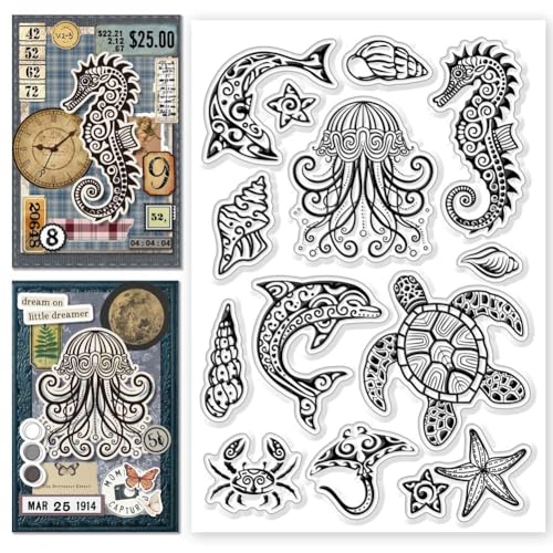 CHGCRAFT Mandala Meeresleben Clear Stamps Seepferdchen Seeschildkröte Delfin Qualle Transparenter Stempel Silikonklarer Stempel Siegel für Kartenherstellung DIY Scrapbooking Foto Dekoration von CHGCRAFT