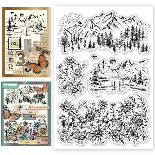 CHGCRAFT Mountain Forest Clear Stamps Gänseblümchen Blume Transparente Silikonstempel für Kartenherstellung Silikon Clear Stamp Siegel für DIY Scrapbooking Foto Journal Album von CHGCRAFT