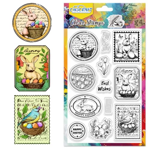 CHGCRAFT Osterhase Clear Stamps Blumen Ostereier Transparente Silikonstempel Klare Silikon Stempel Siegel für Karten Briefmarken DIY Scrapbooking Foto Journal Album von CHGCRAFT