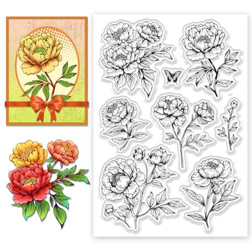 CHGCRAFT Silikon Stempel Pfingstrose Blume Stempel Transparente Stempel Clear Stamps Stempelset für DIY Scrapbooking Journaling Fotoalbum Dekorative Geschenkanhänger Kartenherstellung, 4.3×6.3 Zoll von CHGCRAFT