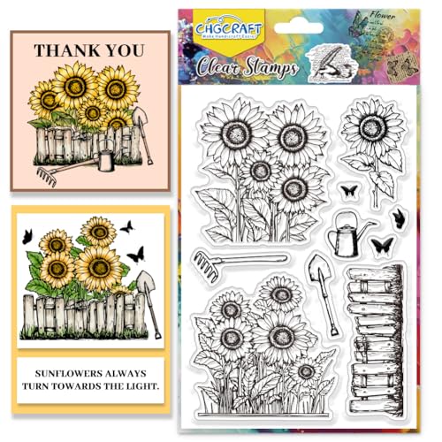 CHGCRAFT Sonnenblumen Silikon Stempel Garten Holz Zaun Schmetterlinge Silizium Silikonstempel Silizium Stamp Karten Dekoration DIY Clipbook Foto-Album Papier Kunsthandwerk von CHGCRAFT