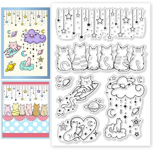 CHGCRAFT Sternenhimmel Katze Silikon Stempel Sterne Mond Transparente Silikonstempel Katze Clear Stamp Dekoration Herstellung DIY Clipbook Fotoalbum Dekoration Papier Kunsthandwerk von CHGCRAFT