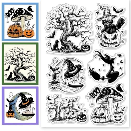 CHGCRAFT Transparente Halloween Stempel Mit Hexe Katze Kürbis Pilz Baum Silikon Transparenter Stempel Silikonstempel Siegel Für DIY Scrapbooking Journaling Fotoalbum Dekorativ von CHGCRAFT