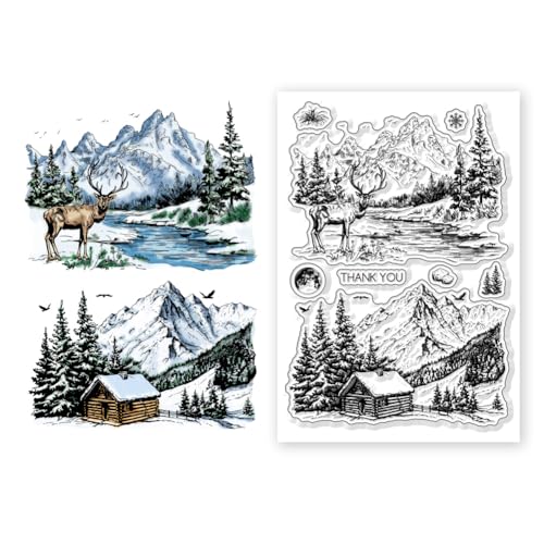 CHGCRAFT Transparente Stempel Mit Schneelandschaftsmotiv Berg Hirsch Haus Baum Hintergrund Transparente Silikon Siegelstempel Für Selbstgemachte Scrapbooking Karten Dekorative Fotoalben von CHGCRAFT