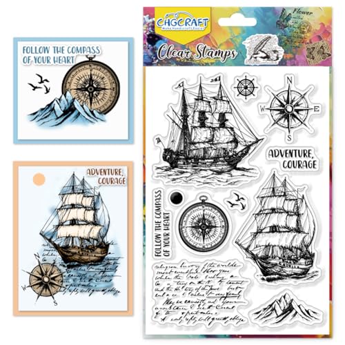 CHGCRAFT Vintage Segelschiff Silikon Stempel Kompass Transparent Stamp Clear Silikonstempel DIY Clipbook dekorative Foto Siegel, 4,3x6,3 Zoll von CHGCRAFT