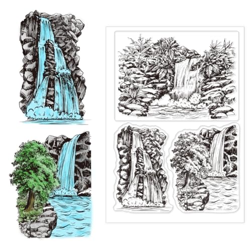 CHGCRAFT Wasserfall-Silikon-Klarstempel Bergwald-Hintergrund Transparente Stempel Für Die Kartenherstellung DIY Scrapbooking, Fotoalbum Dekoration 4.3x6.3 Zoll von CHGCRAFT