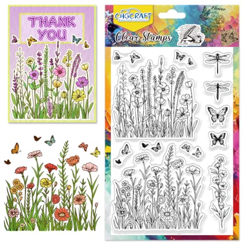 CHGCRAFT Wildblumen Clear Stamps Insekten Schmetterling Libelle Briefmarken Frühlings Silikonstempel Transparente Papierbastel-Stempel für Journaling Kartengestaltung DIY Scrapbooking von CHGCRAFT