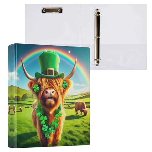 3-Ringbuch, 3,8 cm, St. Patrick's Day Highland Cattle Green, dekorativ, niedlicher Drei-Ringordner mit rutschfestem Metallclip, Basisbuch, Notizbuch für Schule, Bürobedarf, 1 Packung von CHIFIGNO