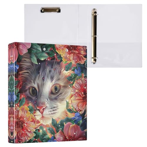 3-Ringbücher mit Katze mit Blumen, 3,8 cm, mit rutschfestem Metallclip, runde Ringbücher, langlebig, Basisordner für Arbeit, Schule, Büro, 1 Packung von CHIFIGNO