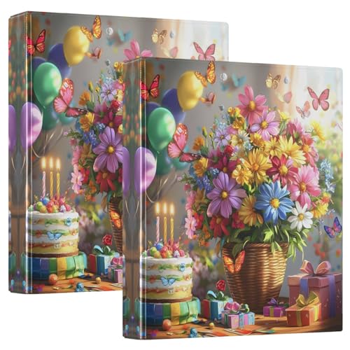 Bunte Luftballons Schmetterlinge Blumen 3-Ringbuch 3,8 cm, Notizbuch mit rutschfestem Metallclip, runde Ringbücher für Schulbedarf, 2 Stück von CHIFIGNO