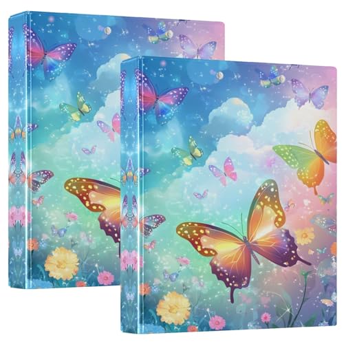 Bunte Schmetterlinge und Blumen, 3,8 cm, 3 Ringe, runde Ringbücher mit rutschfestem Metallclip, D-Ringbuch für Schule, Bürobedarf, 2 Stück von CHIFIGNO