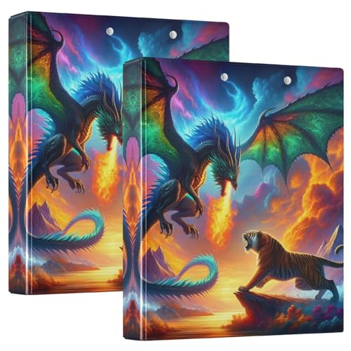 Dragon Tiger Fight 3,8 cm Ordner mit 3 Ringen, Basic Binder Notizbuch mit rutschfestem Metallclip, runde Ringbücher für Schulbedarf, 2 Stück von CHIFIGNO