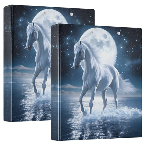 Elegantes weißes Pferd Moonlight 3-Ringbücher 3,8 cm, Basic Binder Notizbuch mit rutschfestem Metallclip, runde Ringbücher für Schule, Büro, Zuhause, 2 Stück von CHIFIGNO