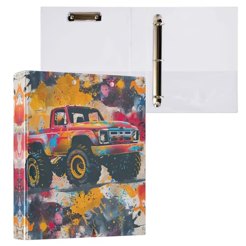 Grunge Monster Truck Auto 3-Ringbuch 3,8 cm, D-Ringbuch mit rutschfestem Metallclip, niedlicher Ordner, drei Ringe für Schule, Bürobedarf, 1 Packung von CHIFIGNO