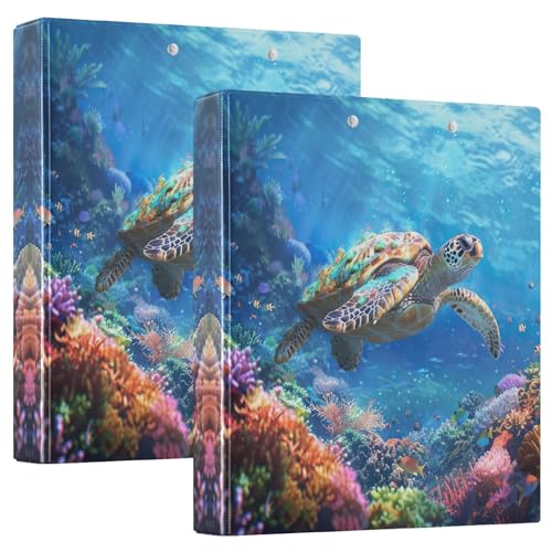 Korallenriff und Schildkröte, 3,8 cm, 3-Ringbuch mit rutschfestem Metallclip, runde Ringbücher für Schule, Büro, Zuhause, 2 Stück von CHIFIGNO