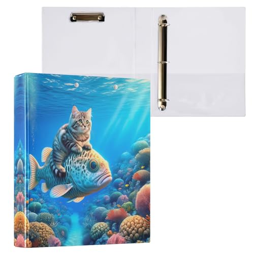 Ordner mit niedlicher Katze, die einen Fisch reitet, 3,8 cm, 3 Ringe mit rutschfestem Metallclip, dekorativer niedlicher Ordner, langlebige Basisordner für Schulbedarf, 1 Packung von CHIFIGNO