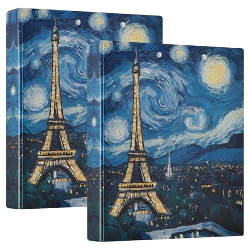 Paris Eiffeltuch Blau Sternennacht 3 Ringe Ordner 3,8 cm, Basic Binder Notizbuch mit rutschfestem Metallclip, dekorativer Drei-Ringordner für Arbeit, Schule, Büro, 2 Stück von CHIFIGNO