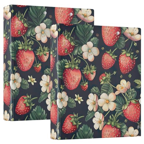 Red Strawberries and Flowers 3,8 cm 3-Ringbuch, Notizbuch hält 200 Blatt, dekorativer niedlicher Ordner für Schule, Büro, Zuhause, 2 Stück von CHIFIGNO