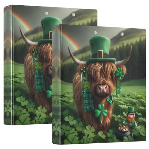 St. Patrick's Day Highland Cow Ordner mit 3 Ringen, 3 Ringe, niedliches Ringbuch mit 3 Innentaschen, vielseitige Ordner für Schulbedarf, 3,8 cm, 2 Stück von CHIFIGNO