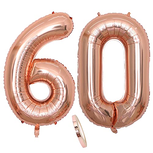 Folienballon Zahl Deko Rose Gold 60 für Frau Frauen, XXL 100cm Riesen Nummer Aufblasbar Helium Ballon Figuren Zahlen Luftballons Geschenk für 60. Jahre Geburtstag Hochzeit Jubiläum Party Dekoration von CHINPING